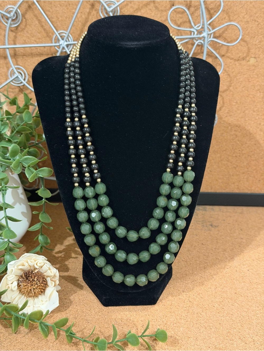 RMN Elegant Green Beaded Multi-Strand Necklace Adjustable New without Tag